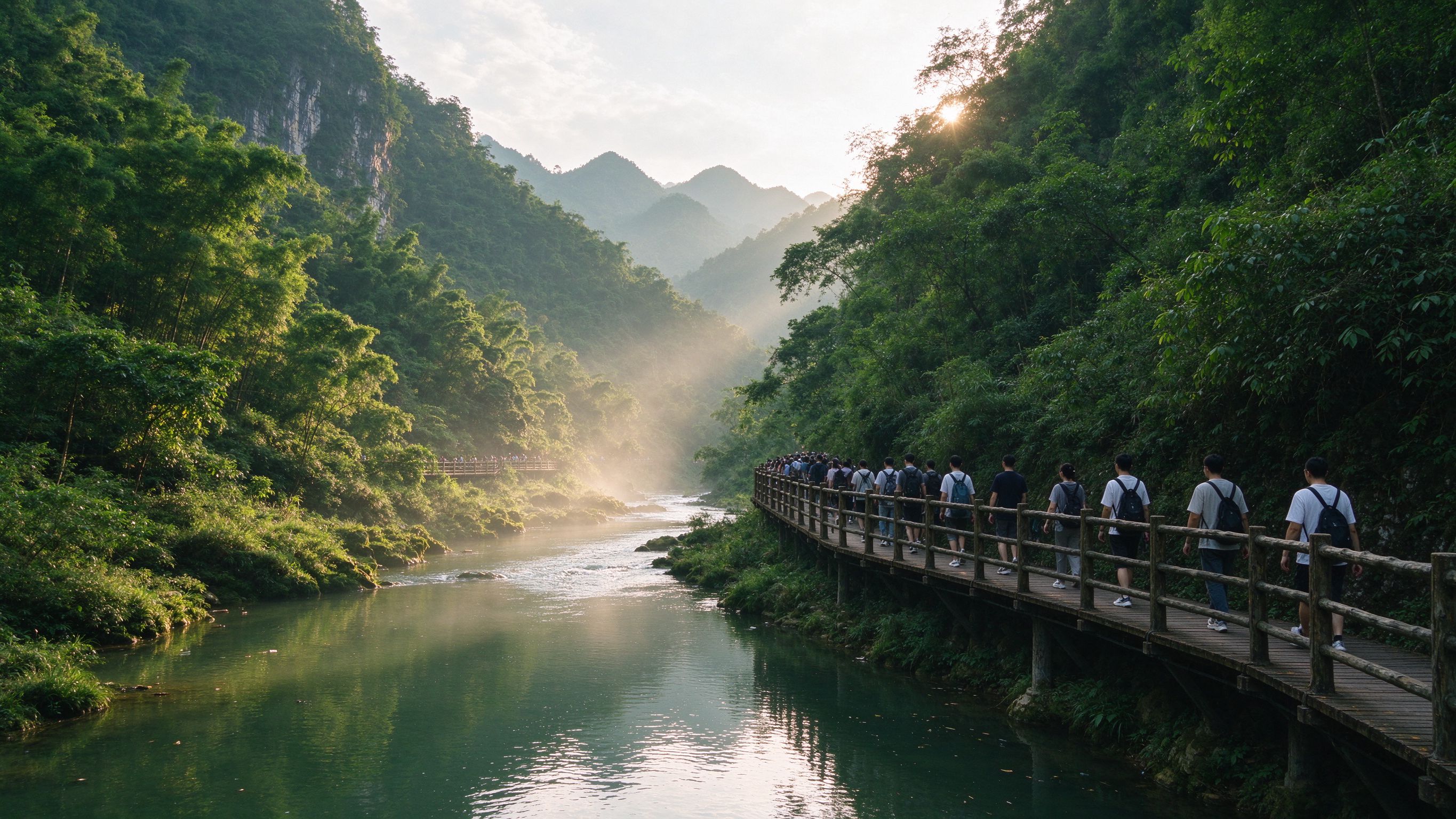 旅游景区实景，山峦与栈道游客