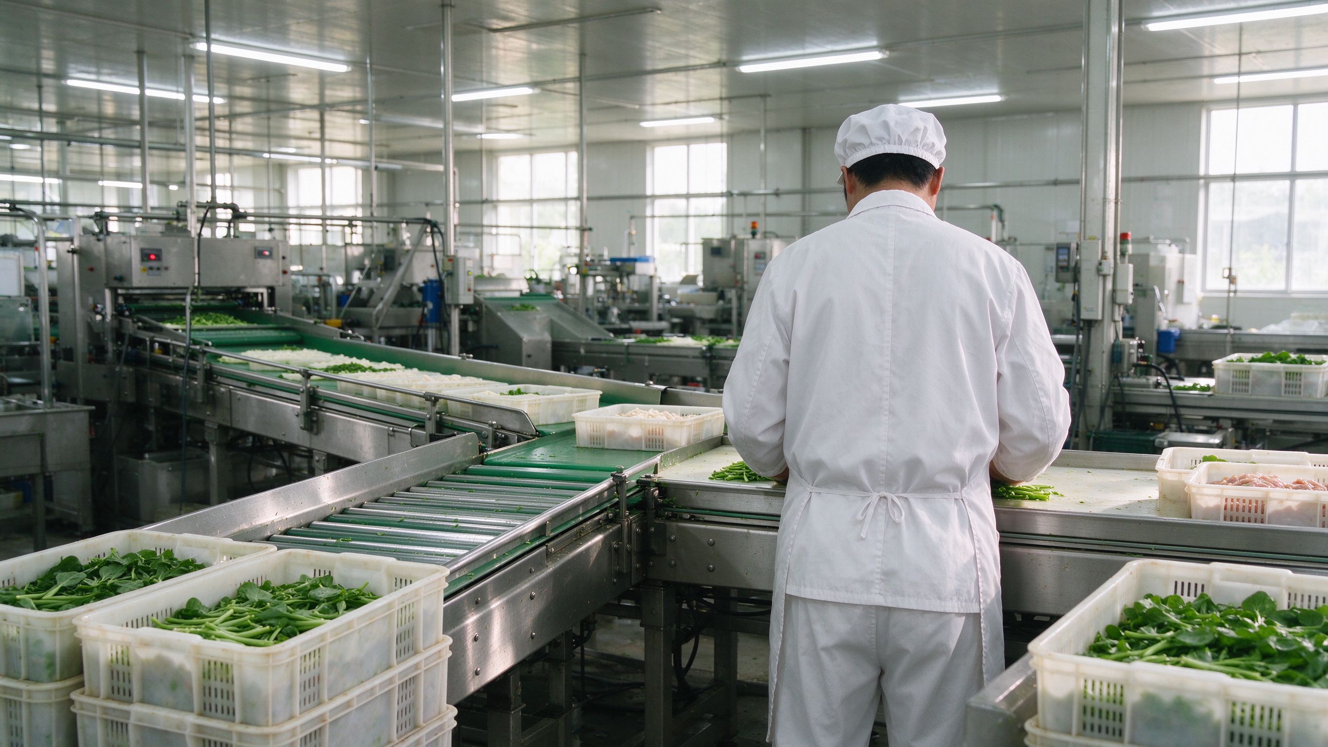 食品加工车间实景，生产线与食品原料